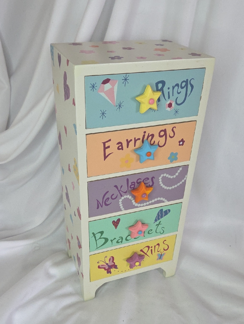 Vintage 2000 5 Drawer Wooden Jewelry Box Organizer Flower Heart Print Y2K